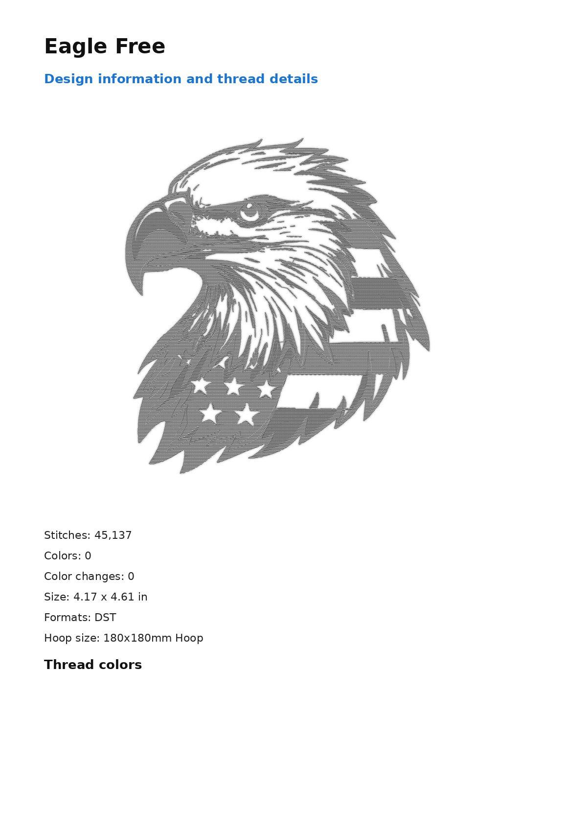 Eagle Free free machine embroidery design — 4.17×4.61 in — 45,137 stitches — 0 colors — DST, EXP, JEF, PEC, PES