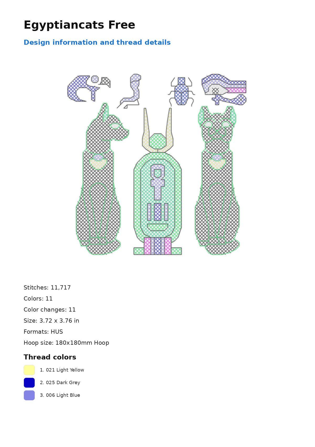 Egyptiancats Free free machine embroidery design — 3.72×3.76 in — 11,717 stitches — 11 colors — DST, EXP, HUS, JEF, PEC