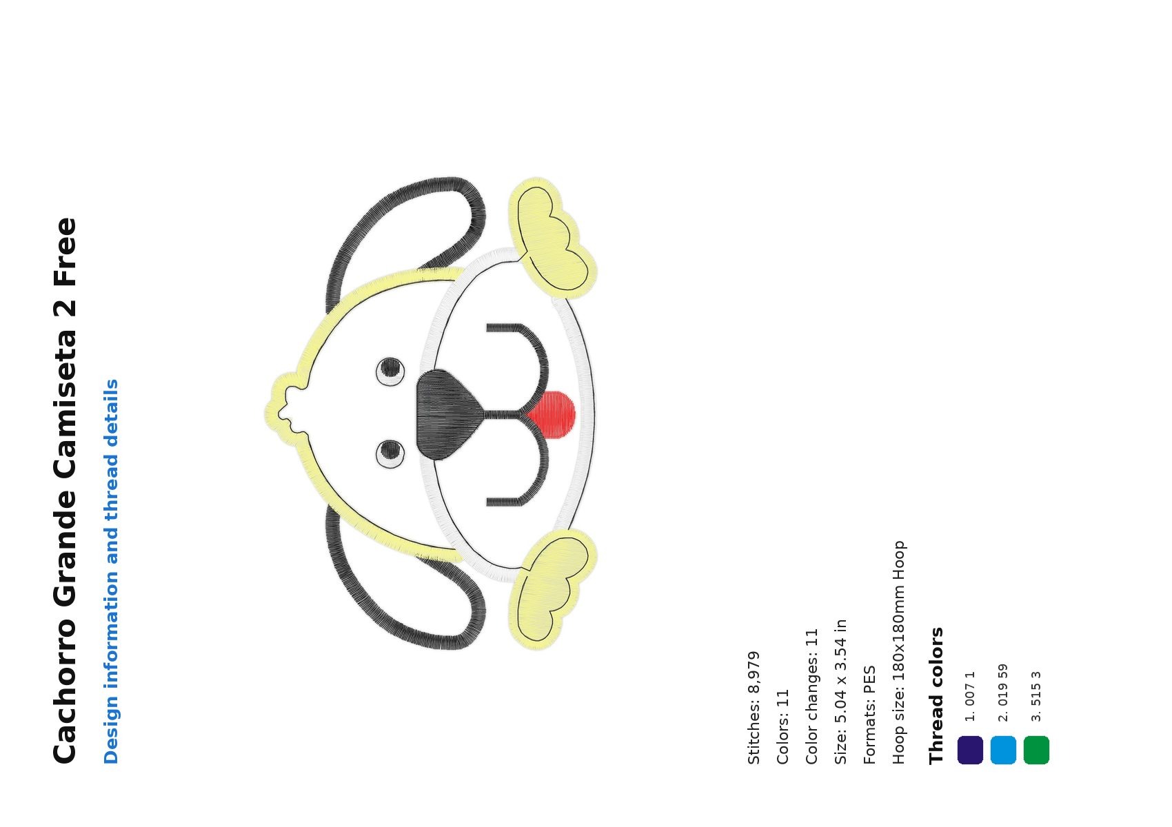 Cachorro Grande Camiseta 2 Free free machine embroidery design — 5.04×3.54 in — 8,979 stitches — 11 colors — DST, EXP, JEF, PEC, PES
