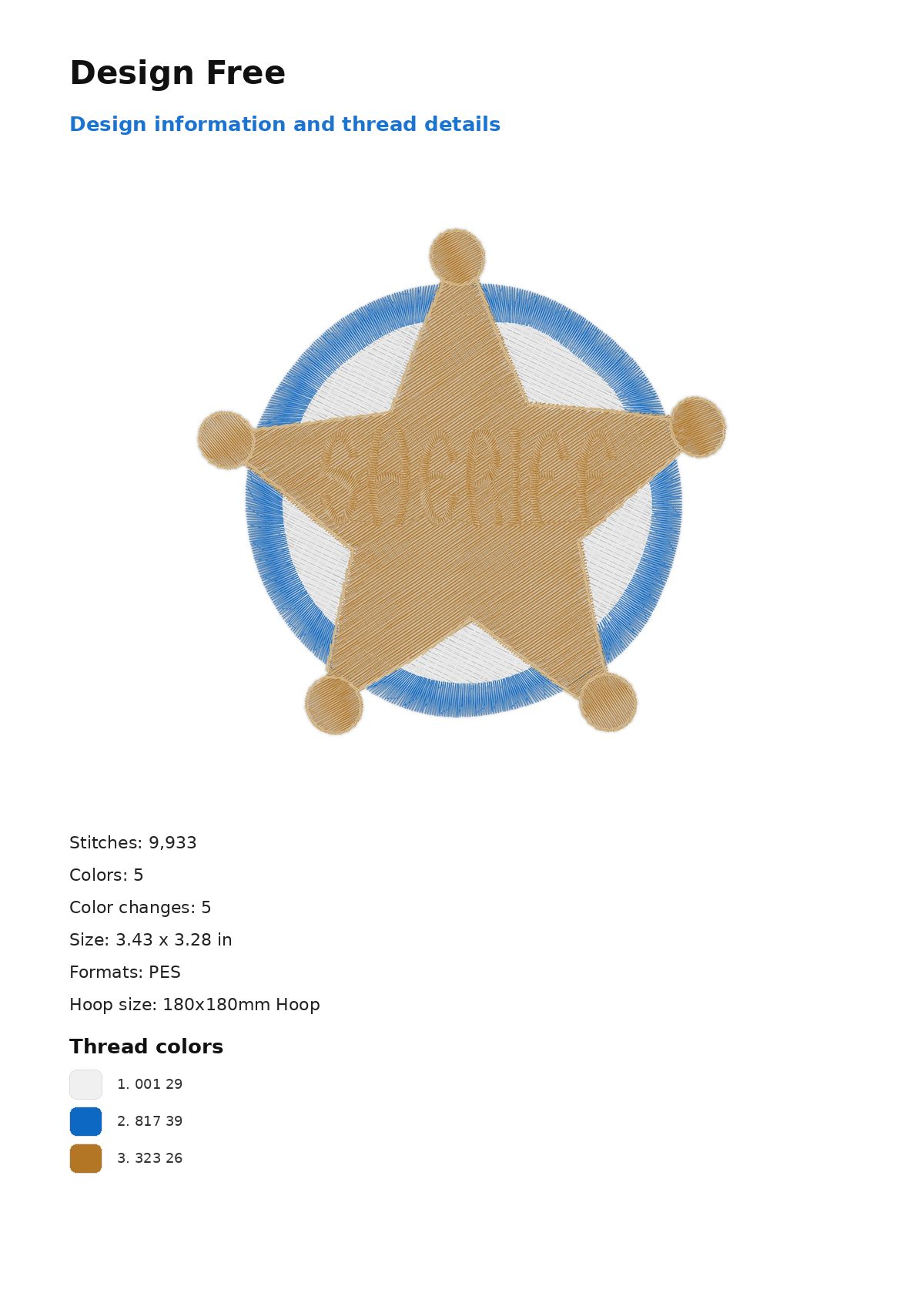 Design Free free machine embroidery design — 3.43×3.28 in — 9,933 stitches — 5 colors — DST, EXP, JEF, PEC, PES