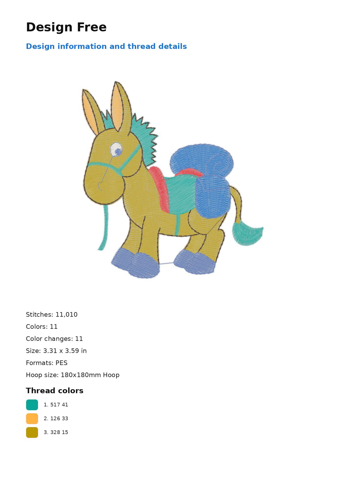 Design Free free machine embroidery design — 3.31×3.59 in — 11,010 stitches — 11 colors — DST, EXP, JEF, PEC, PES