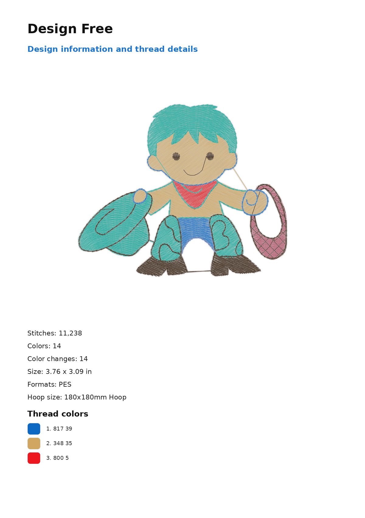 Design Free free machine embroidery design — 3.76×3.09 in — 11,238 stitches — 14 colors — DST, EXP, JEF, PEC, PES