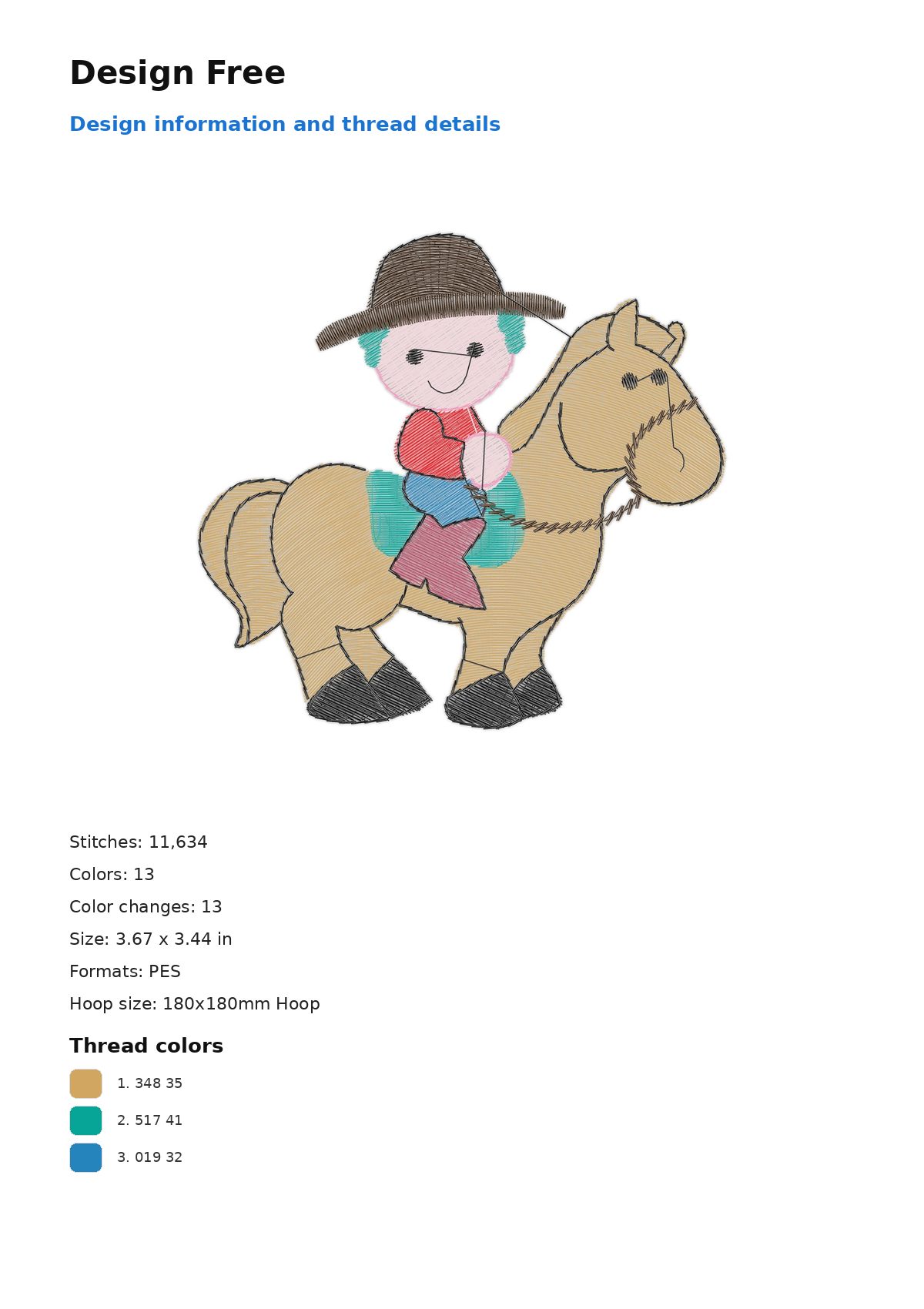 Design Free free machine embroidery design — 3.67×3.44 in — 11,634 stitches — 13 colors — DST, EXP, JEF, PEC, PES