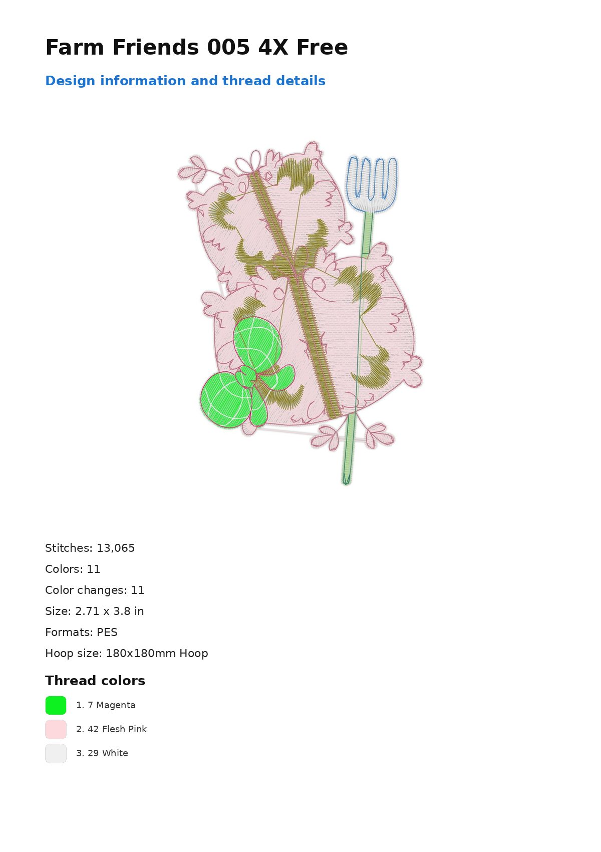 Farm Friends 005 4X Free free machine embroidery design — 2.71×3.8 in — 13,065 stitches — 11 colors — DST, EXP, JEF, PEC, PES