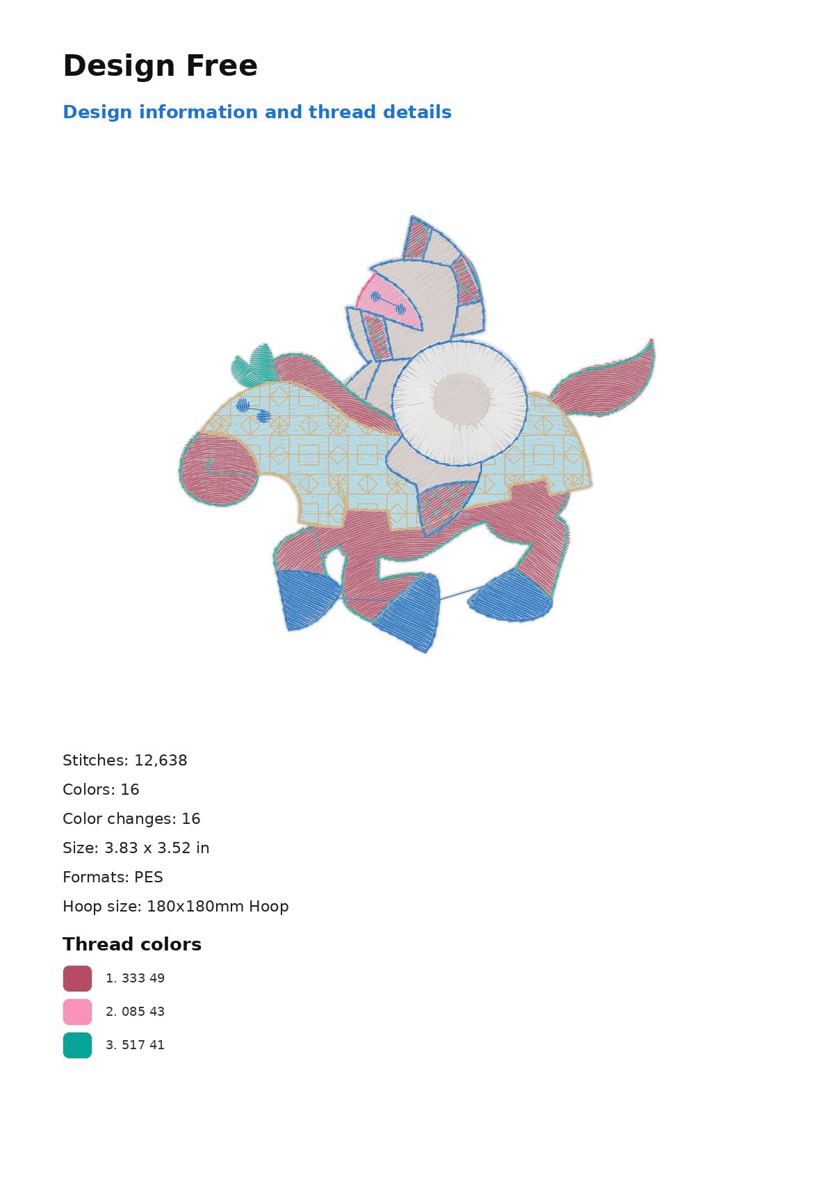 Design Free free machine embroidery design — 3.83×3.52 in — 12,638 stitches — 16 colors — DST, EXP, JEF, PEC, PES