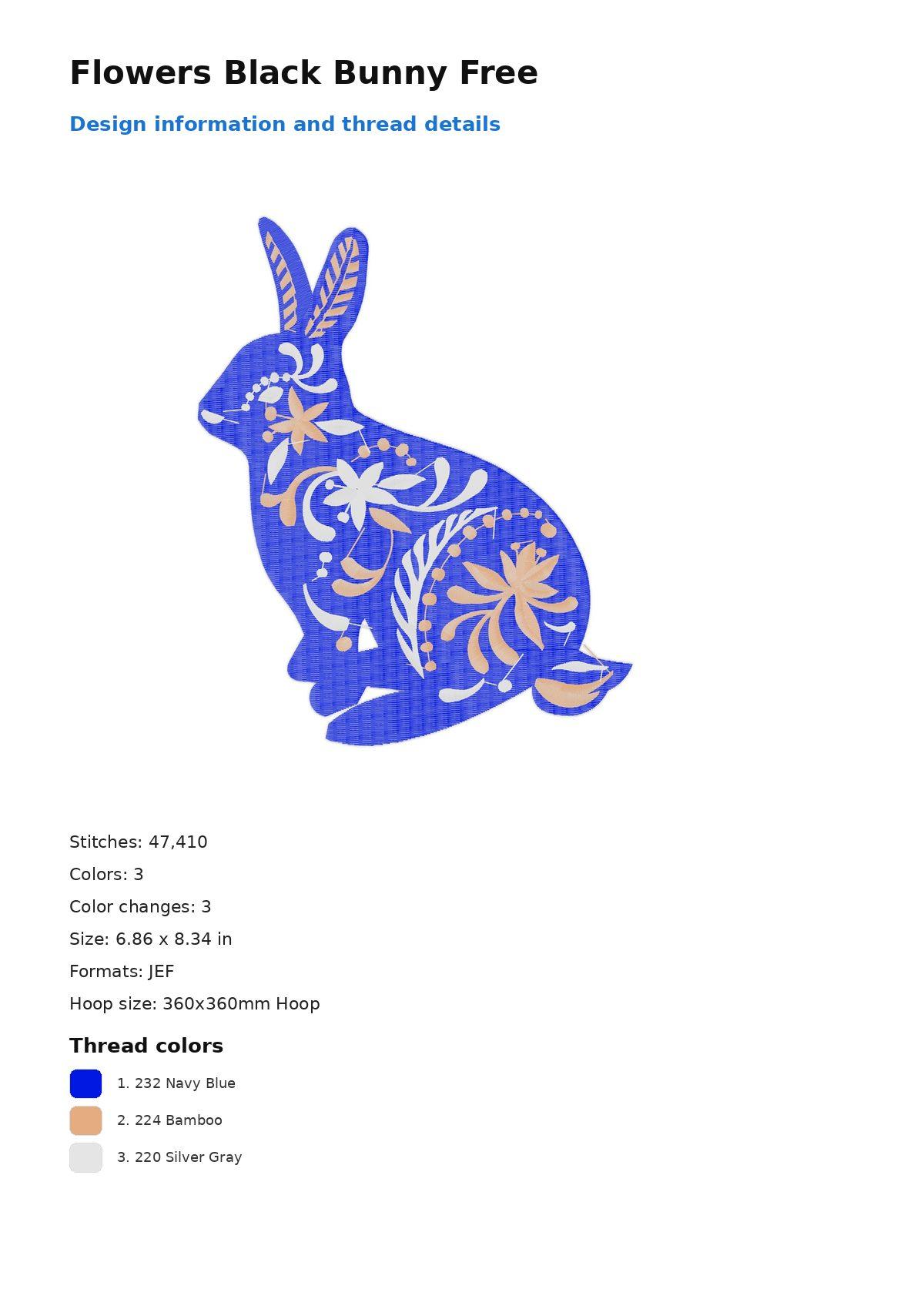 Flowers Black Bunny Free free machine embroidery design — 6.86×8.34 in — 47,410 stitches — 3 colors — DST, EXP, JEF, PEC, PES