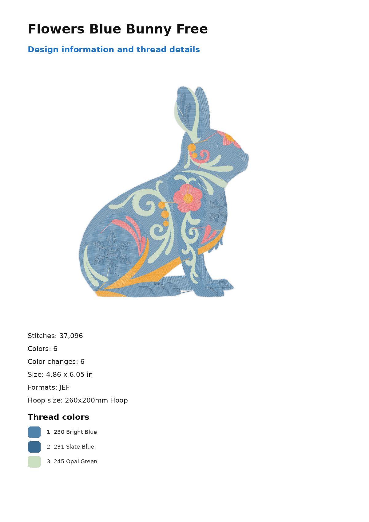 Flowers Blue Bunny Free free machine embroidery design — 4.86×6.05 in — 37,096 stitches — 6 colors — DST, EXP, JEF, PEC, PES