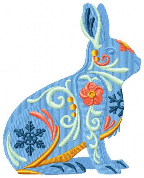 Flowers Blue Bunny Free free machine embroidery design — 4.86×6.05 in — 37,096 stitches — 6 colors — DST, EXP, JEF, PEC, PES