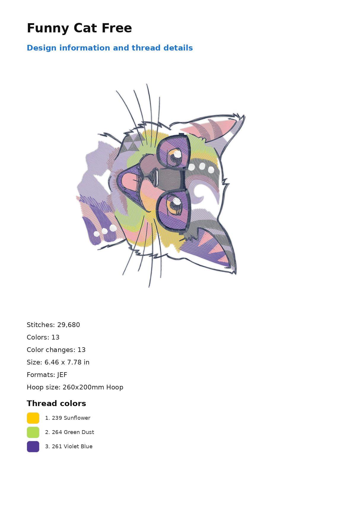 Funny Cat Free free machine embroidery design — 6.46×7.78 in — 29,680 stitches — 13 colors — DST, EXP, JEF, PEC, PES