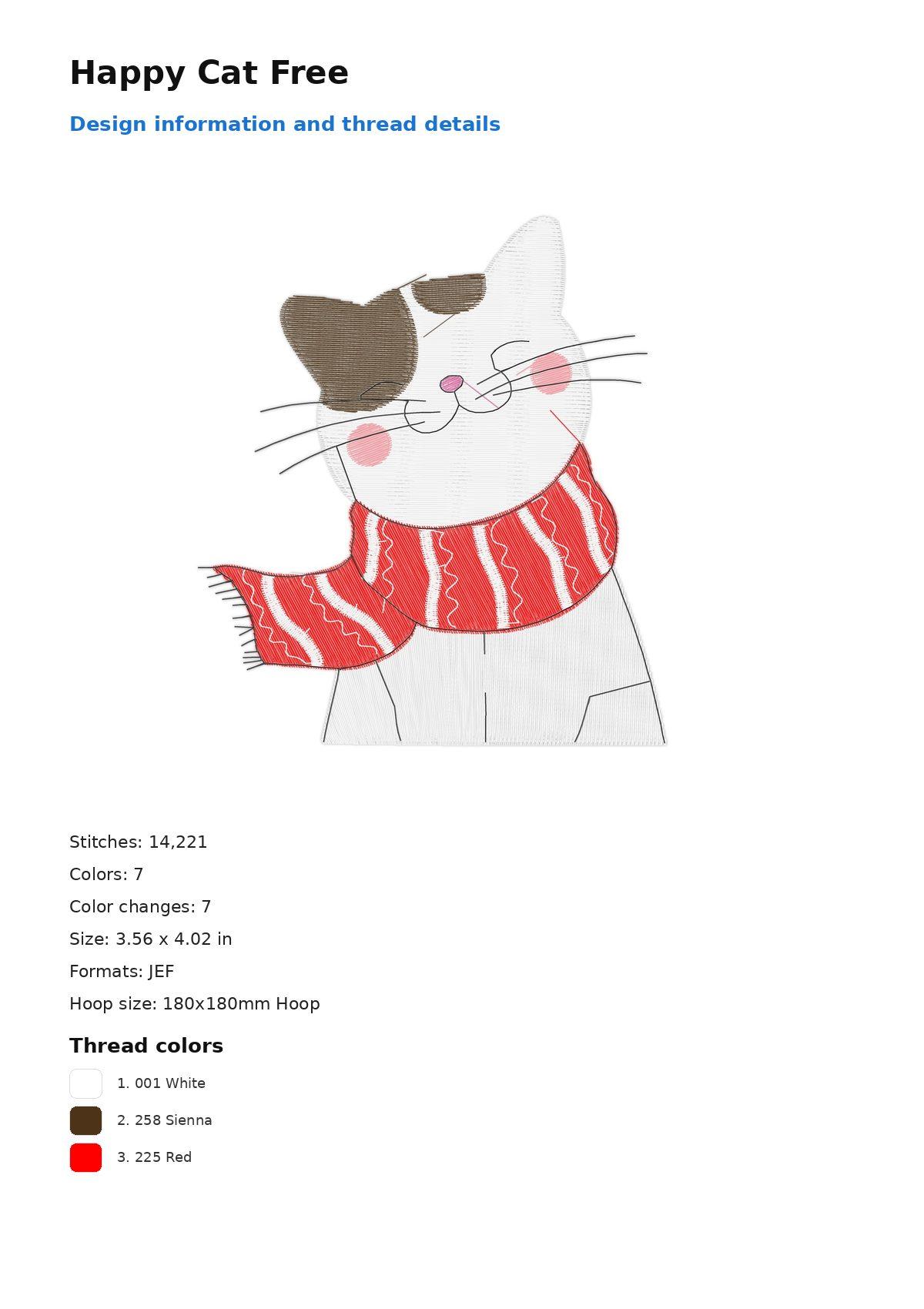 Happy Cat Free free machine embroidery design — 3.56×4.02 in — 14,221 stitches — 7 colors — DST, EXP, JEF, PEC, PES