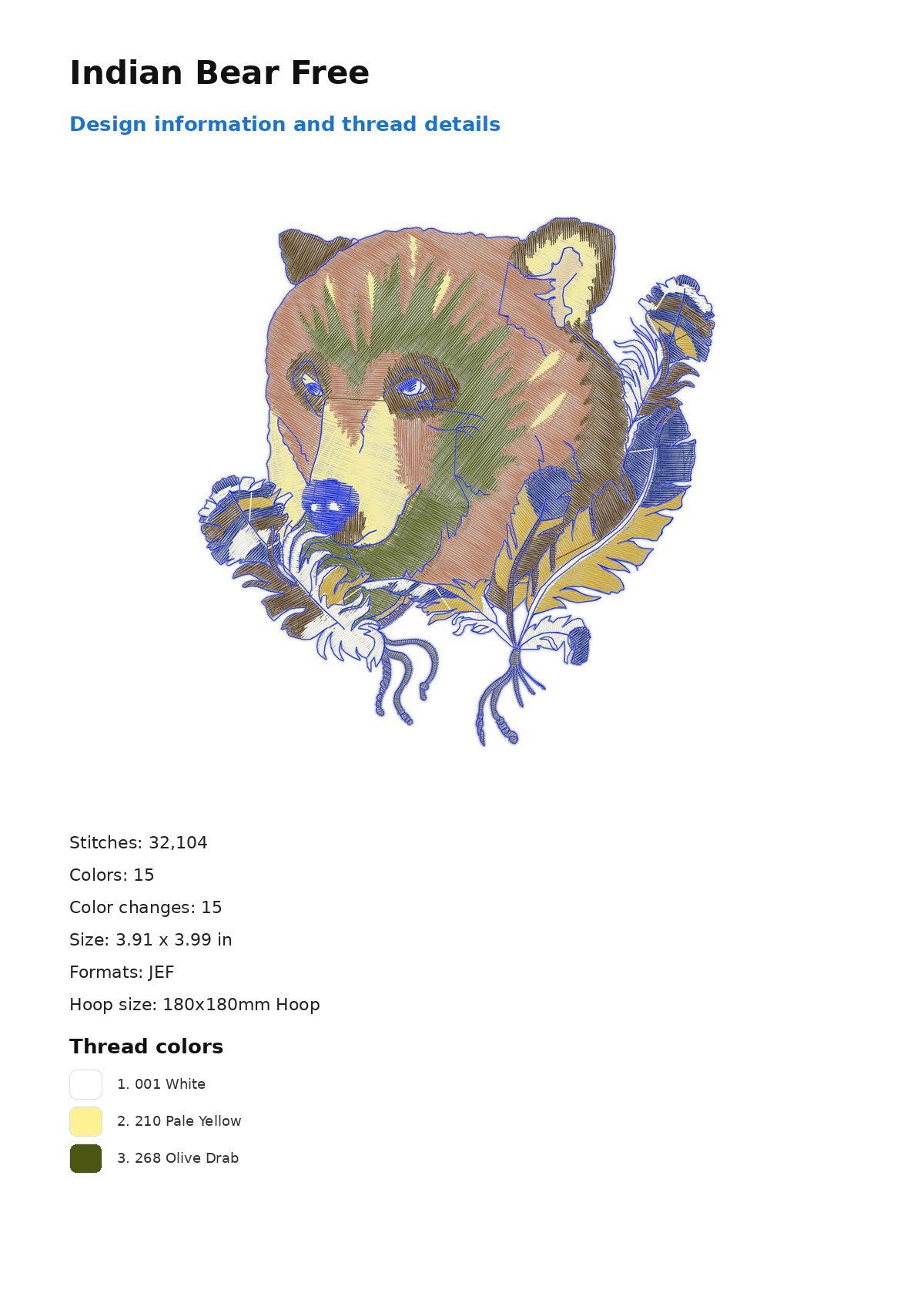 Indian Bear Free free machine embroidery design — 3.91×3.99 in — 32,104 stitches — 15 colors — DST, EXP, JEF, PEC, PES