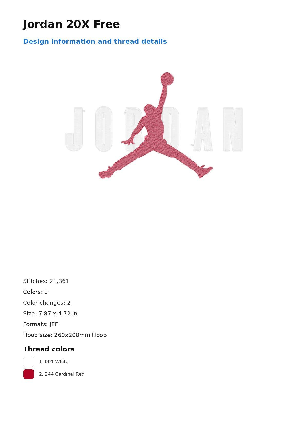 Jordan 20X Free free machine embroidery design — 7.87×4.72 in — 21,361 stitches — 2 colors — DST, EXP, JEF, PEC, PES