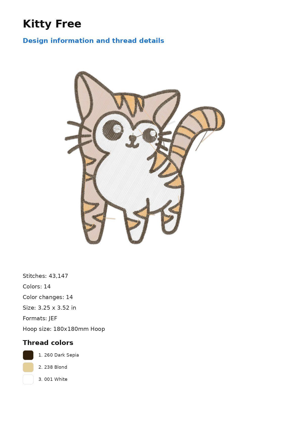 Kitty Free free machine embroidery design — 3.25×3.52 in — 43,147 stitches — 14 colors — DST, EXP, JEF, PEC, PES