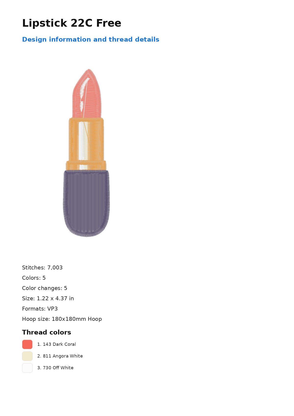 Lipstick 22C Free free machine embroidery design — 1.22×4.37 in — 7,003 stitches — 5 colors — DST, EXP, JEF, PEC, PES