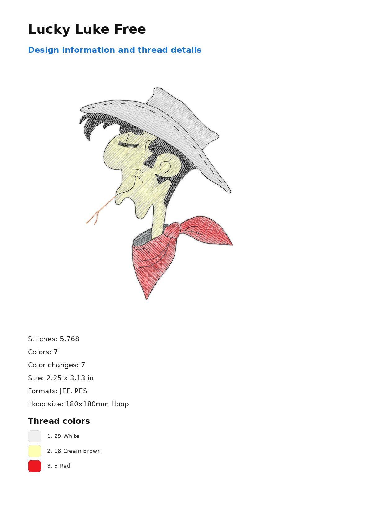 Lucky Luke Free free machine embroidery design — 2.25×3.13 in — 5,768 stitches — 7 colors — DST, EXP, JEF, PEC, PES
