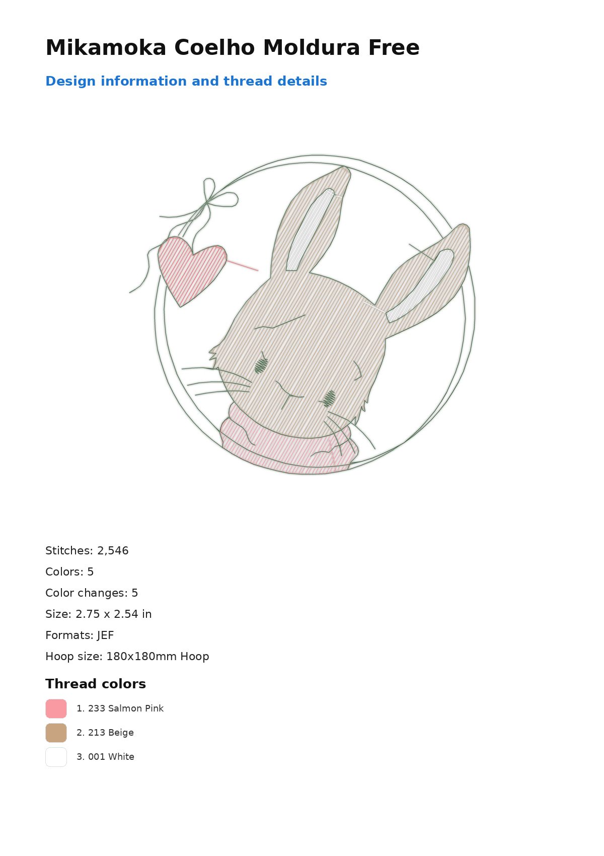 Mikamoka Coelho Moldura Free free machine embroidery design — 2.75×2.54 in — 2,546 stitches — 5 colors — DST, EXP, JEF, PEC, PES