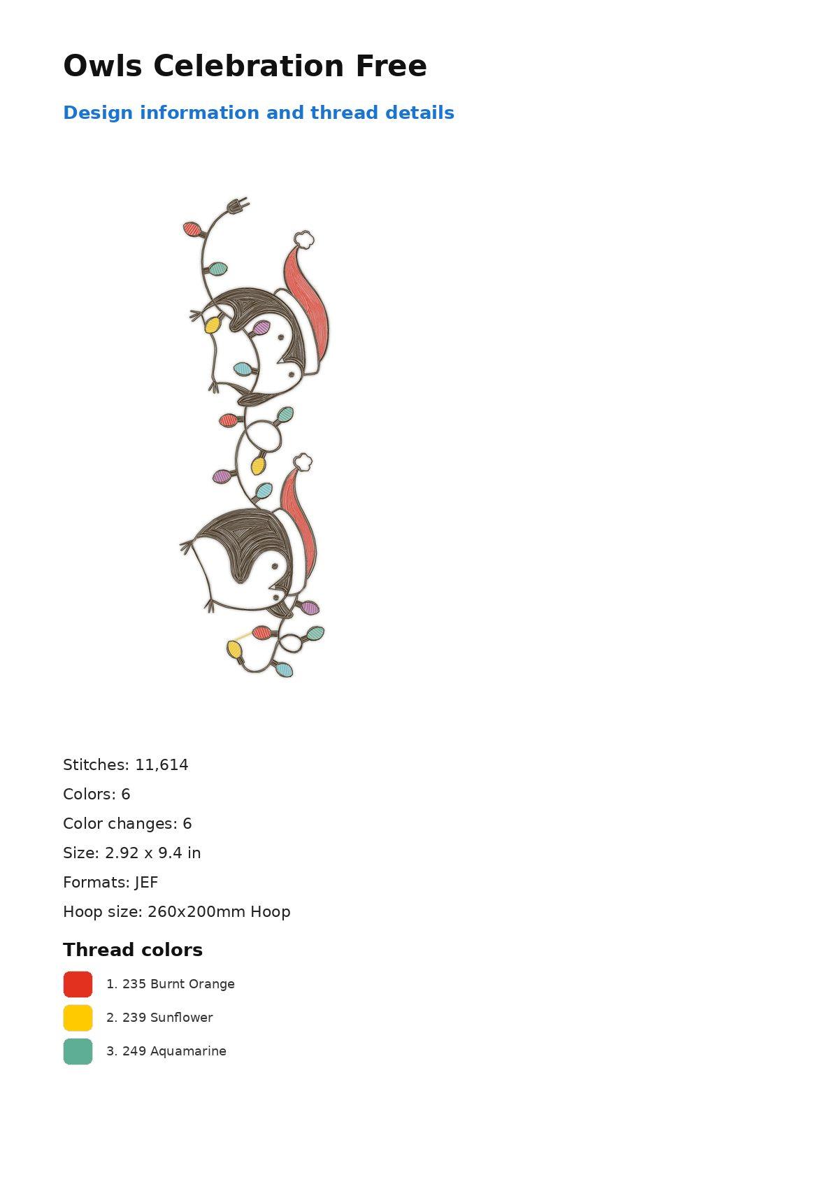 Owls Celebration Free free machine embroidery design — 2.92×9.4 in — 11,614 stitches — 6 colors — DST, EXP, JEF, PEC, PES