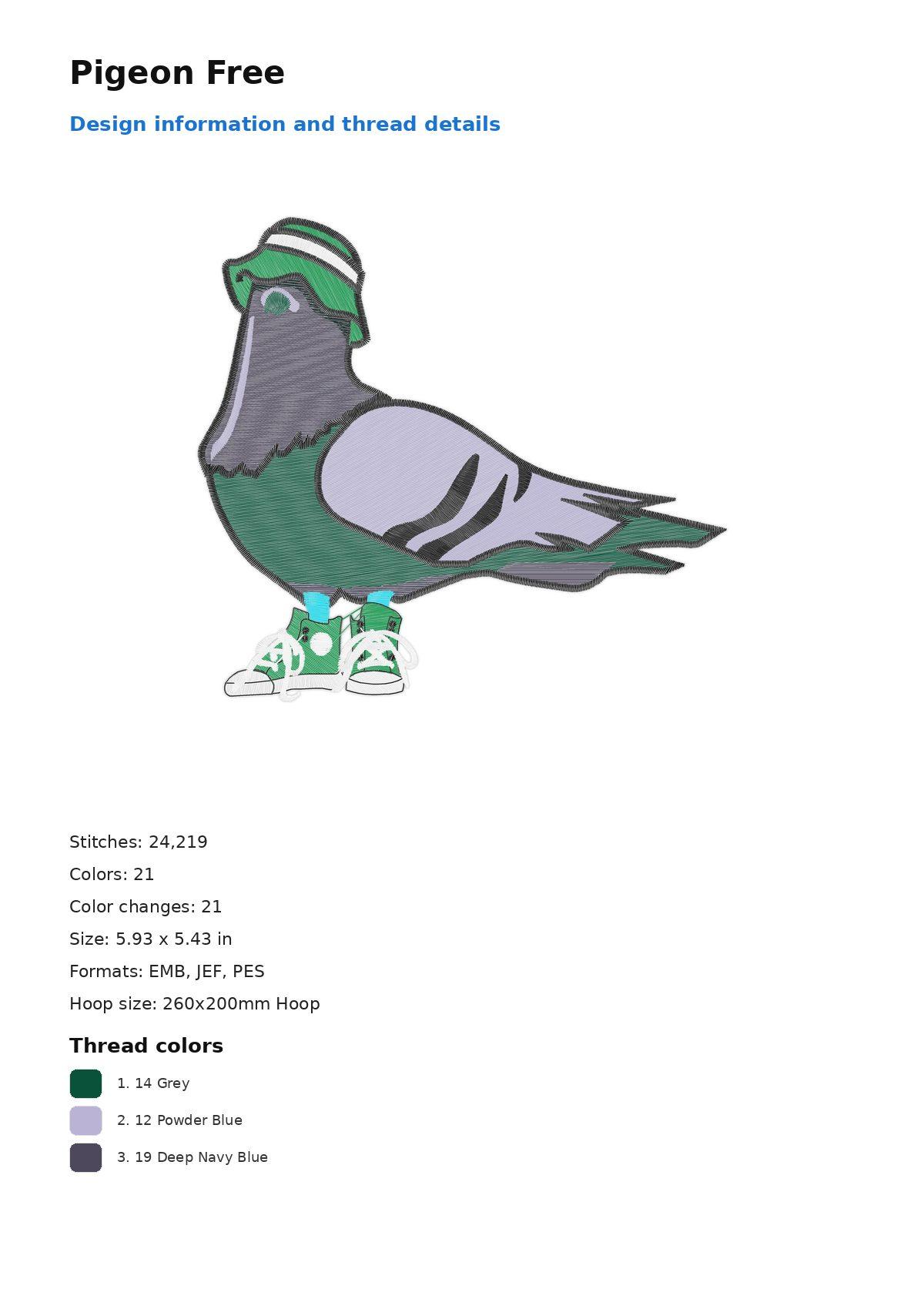 Pigeon Free free machine embroidery design — 5.93×5.43 in — 24,219 stitches — 21 colors — DST, EMB, EXP, JEF, PEC