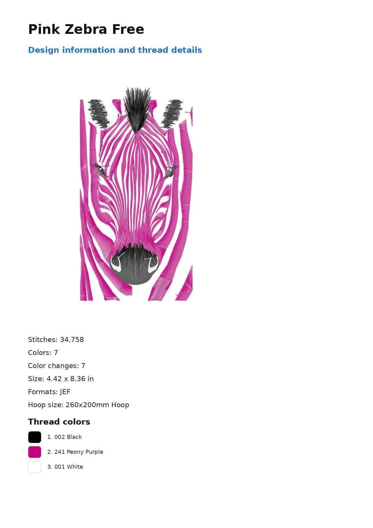 Pink Zebra Free free machine embroidery design — 4.42×8.36 in — 34,758 stitches — 7 colors — DST, EXP, JEF, PEC, PES