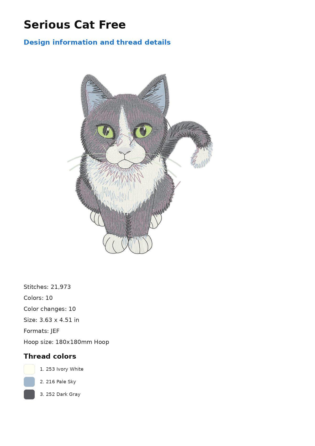 Serious Cat Free free machine embroidery design — 3.63×4.51 in — 21,973 stitches — 10 colors — DST, EXP, JEF, PEC, PES