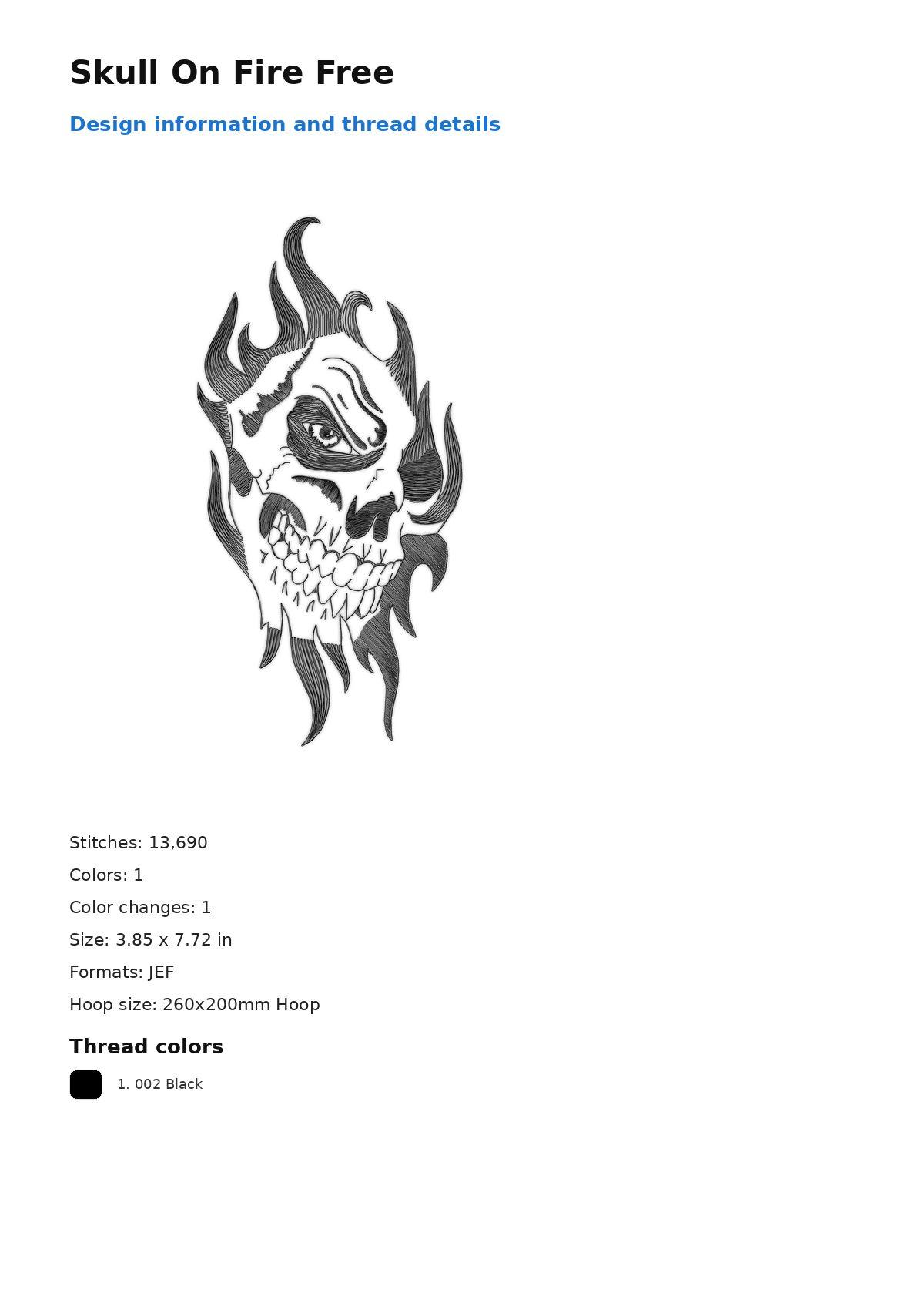 Skull On Fire Free free machine embroidery design — 3.85×7.72 in — 13,690 stitches — 1 colors — DST, EXP, JEF, PEC, PES
