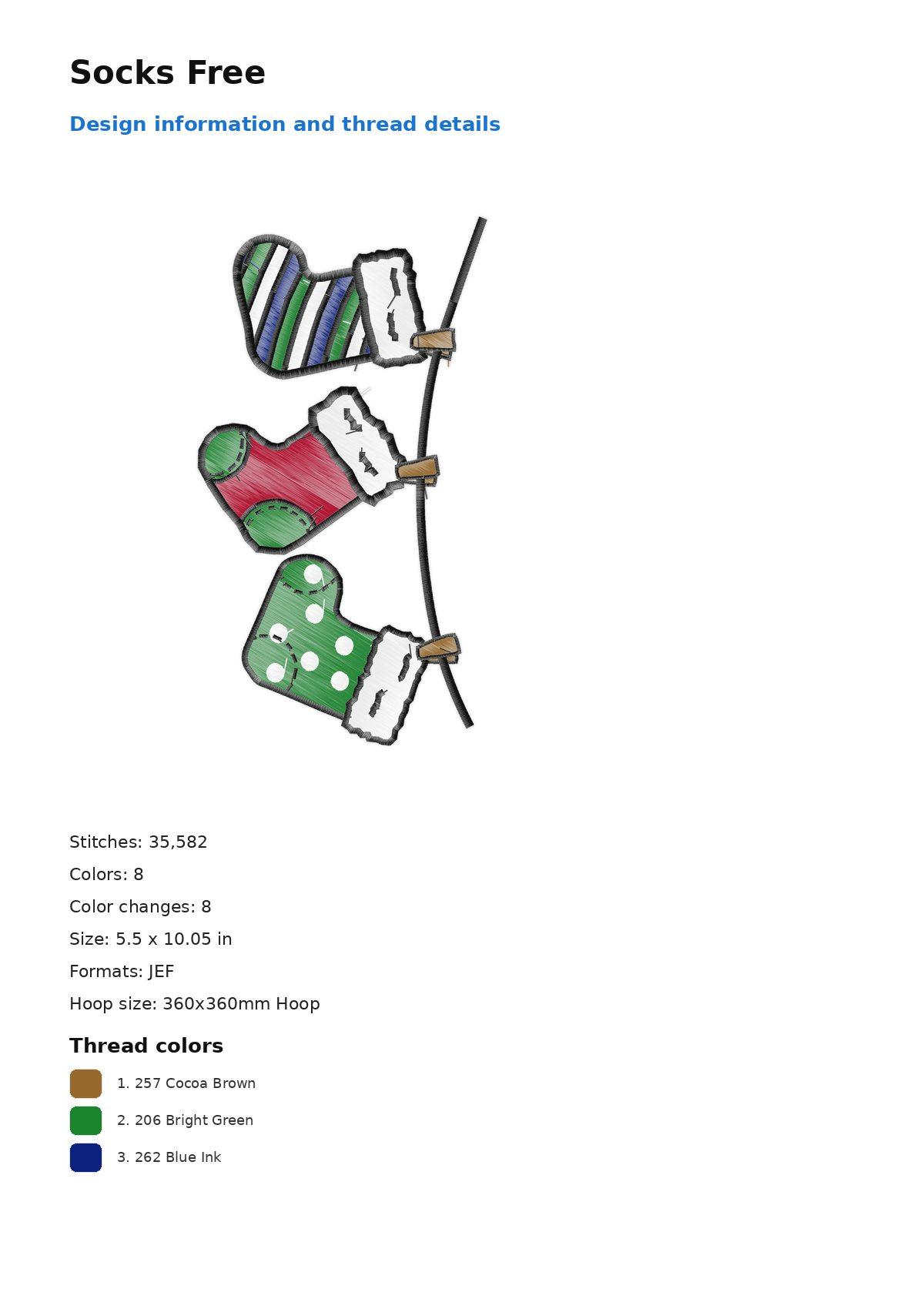 Socks Free free machine embroidery design — 5.5×10.05 in — 35,582 stitches — 8 colors — DST, EXP, JEF, PEC, PES