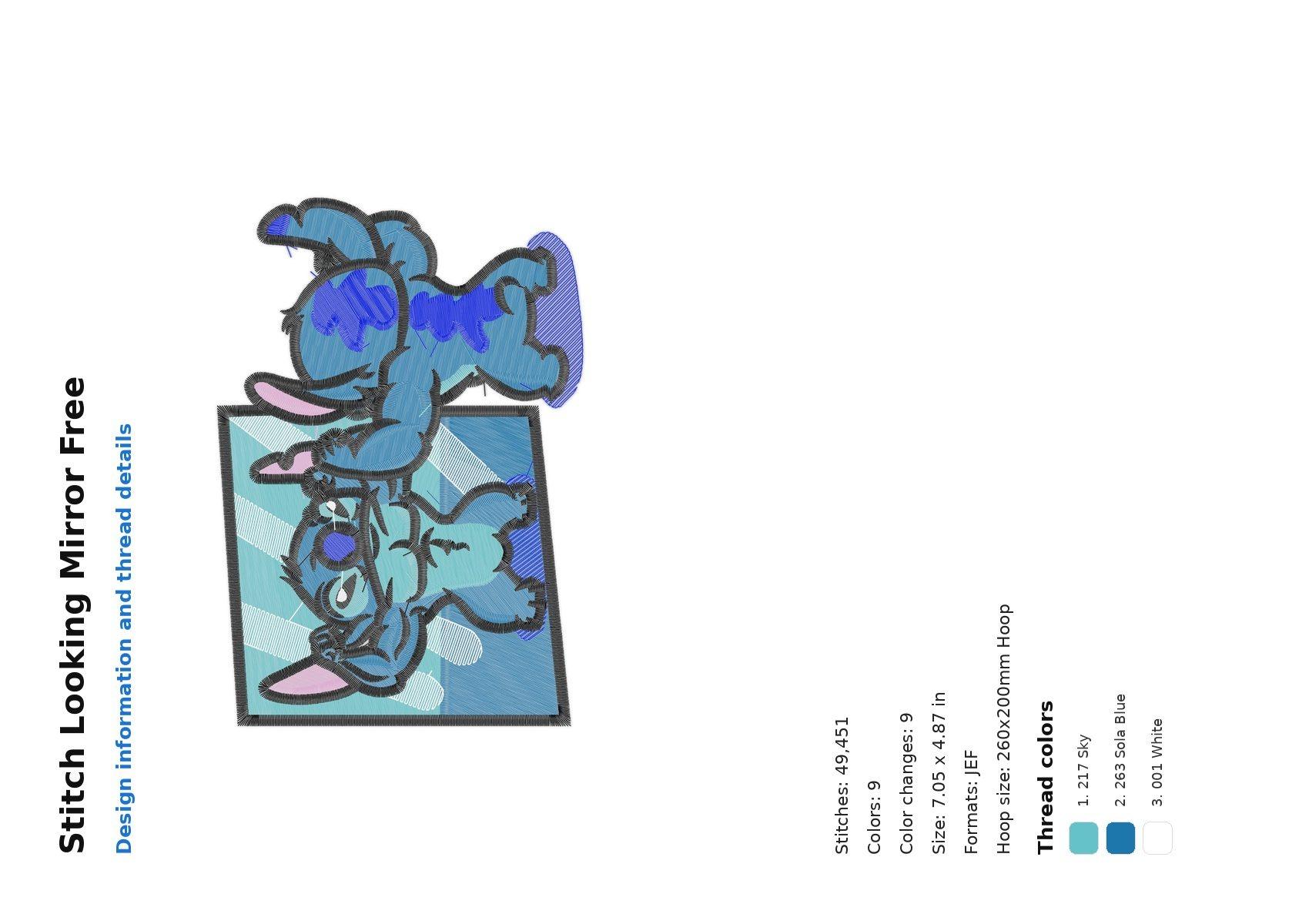 Stitch Looking Mirror Free free machine embroidery design — 7.05×4.87 in — 49,451 stitches — 9 colors — DST, EXP, JEF, PEC, PES