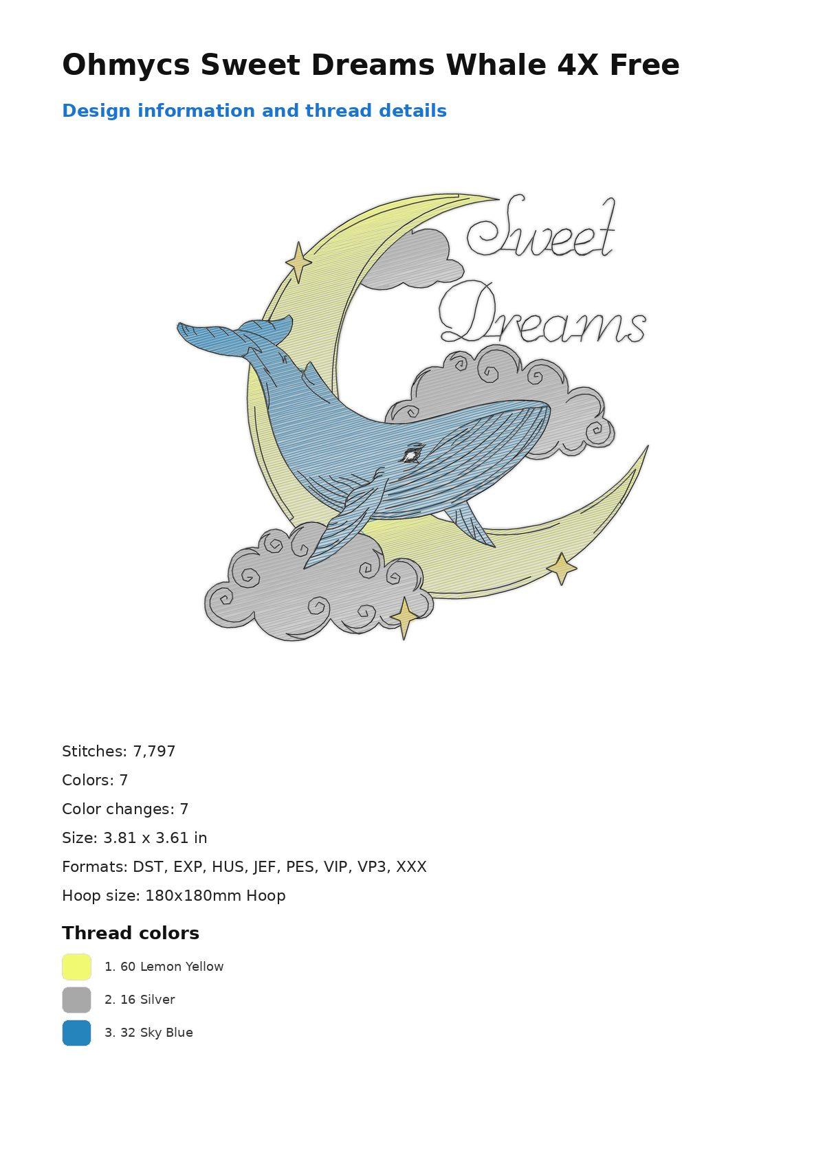 Ohmycs Sweet Dreams Whale 4X Free free machine embroidery design — 3.81×3.61 in — 7,797 stitches — 7 colors — DST, EXP, HUS, JEF, PEC