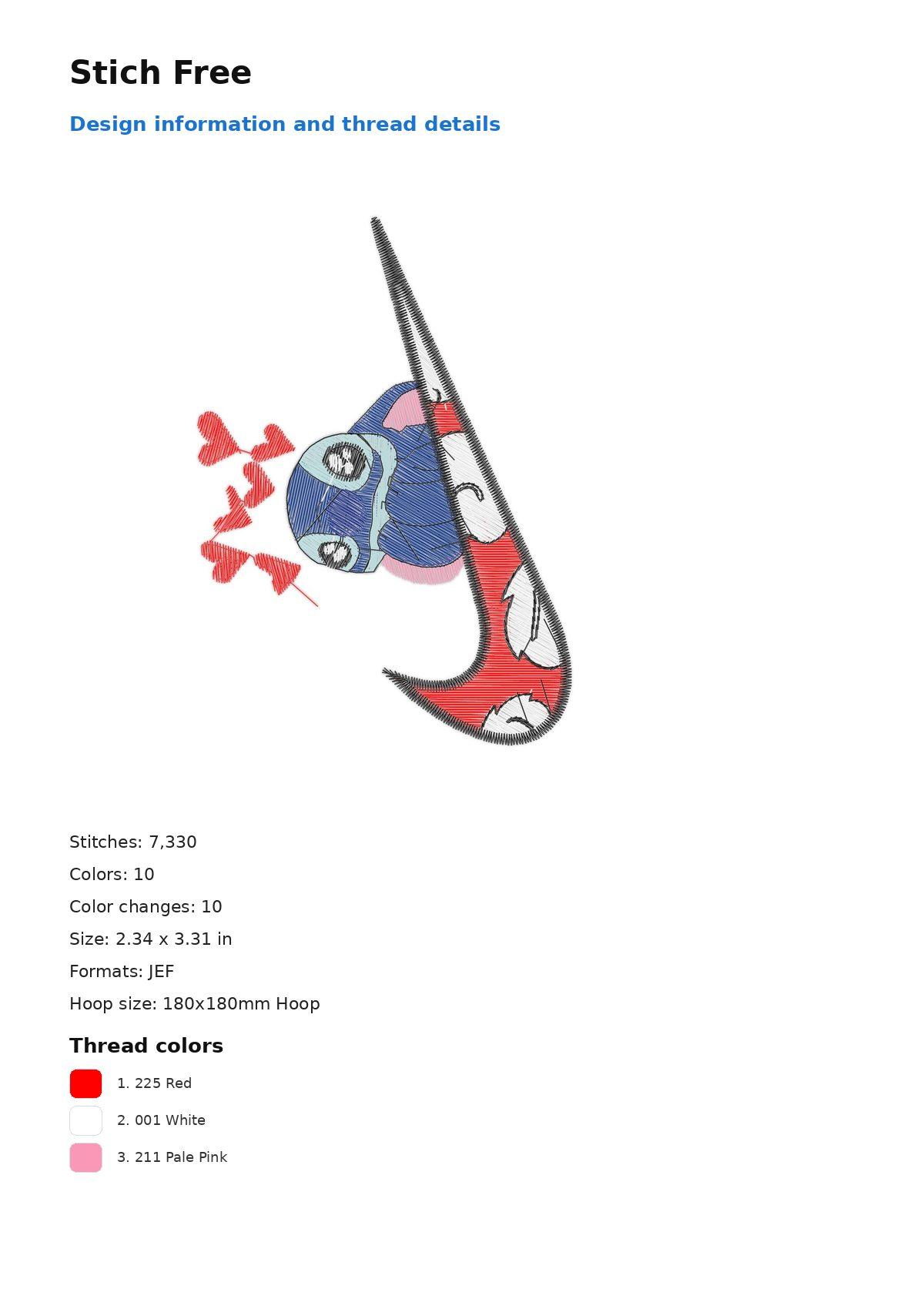 Stich Free free machine embroidery design — 2.34×3.31 in — 7,330 stitches — 10 colors — DST, EXP, JEF, PEC, PES