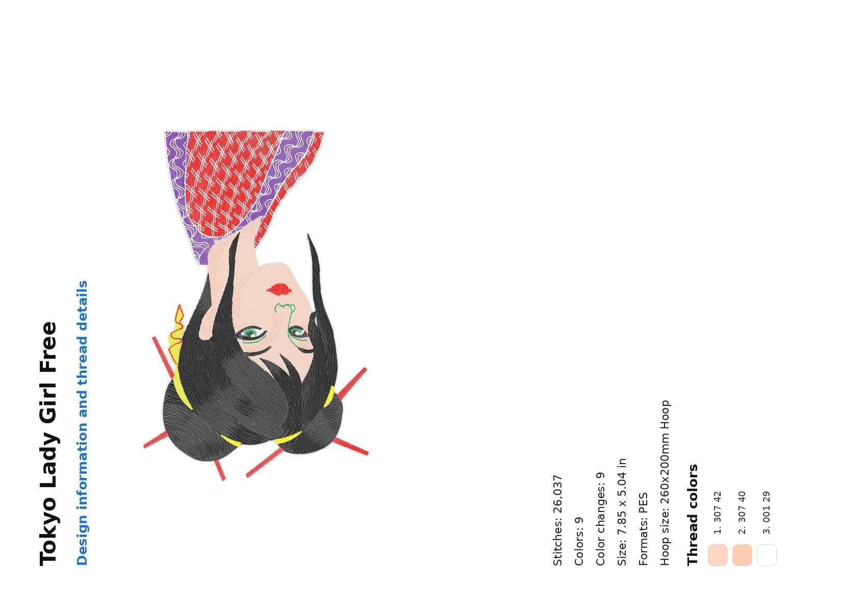 Tokyo Lady Girl Free free machine embroidery design — 7.85×5.04 in — 26,037 stitches — 9 colors — DST, EXP, JEF, PEC, PES