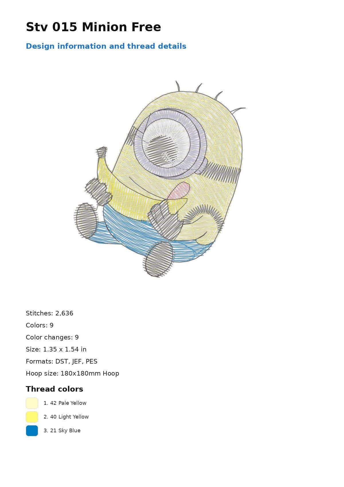 Stv 015 Minion Free free machine embroidery design — 1.35×1.54 in — 2,636 stitches — 9 colors — DST, EXP, JEF, PEC, PES