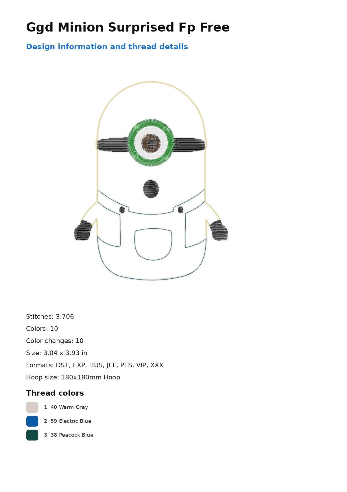 Ggd Minion Surprised Fp Free free machine embroidery design — 3.04×3.93 in — 3,706 stitches — 10 colors — DST, EXP, HUS, JEF, PEC