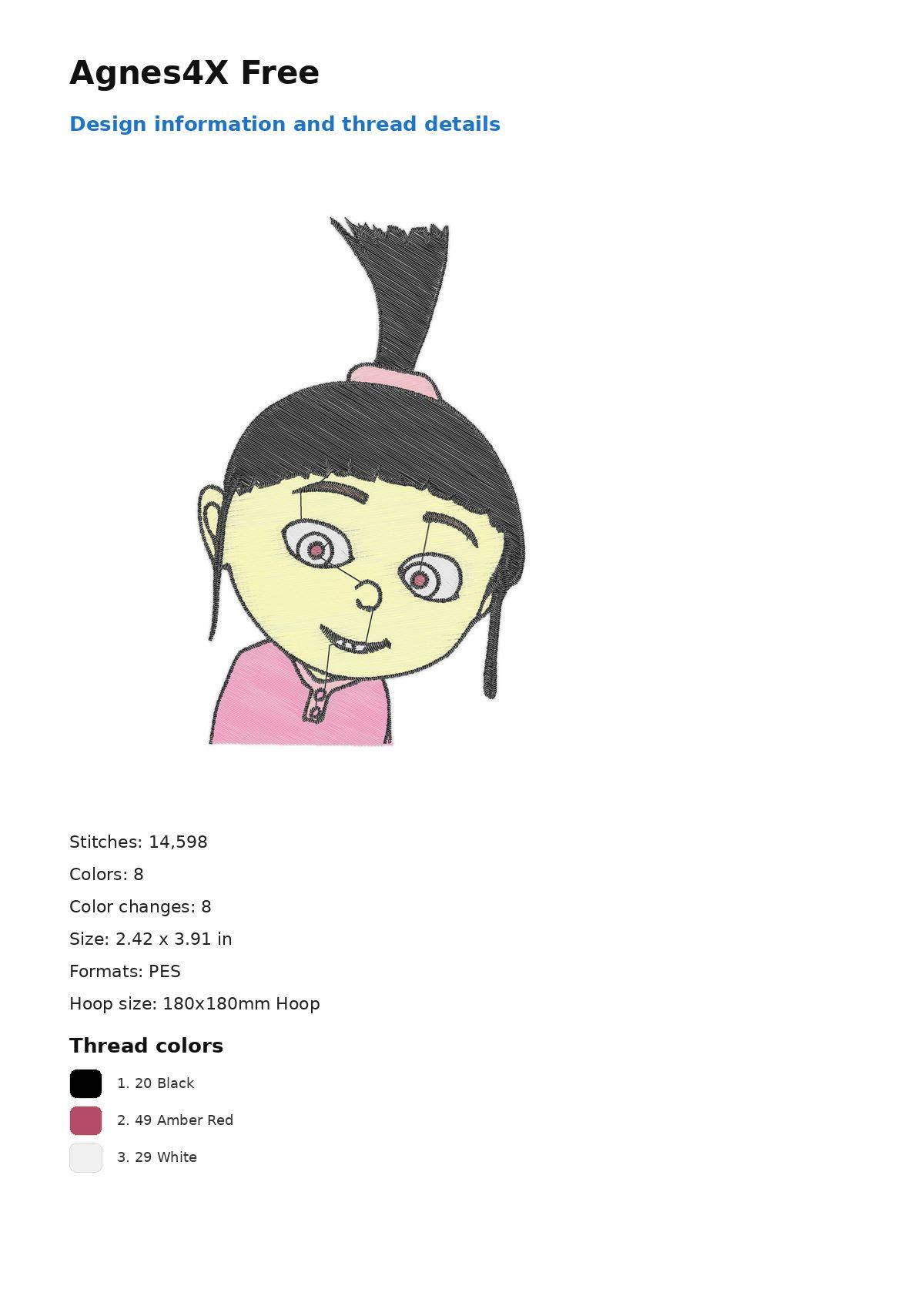 Agnes4X Free free machine embroidery design — 2.42×3.91 in — 14,598 stitches — 8 colors — DST, EXP, JEF, PEC, PES