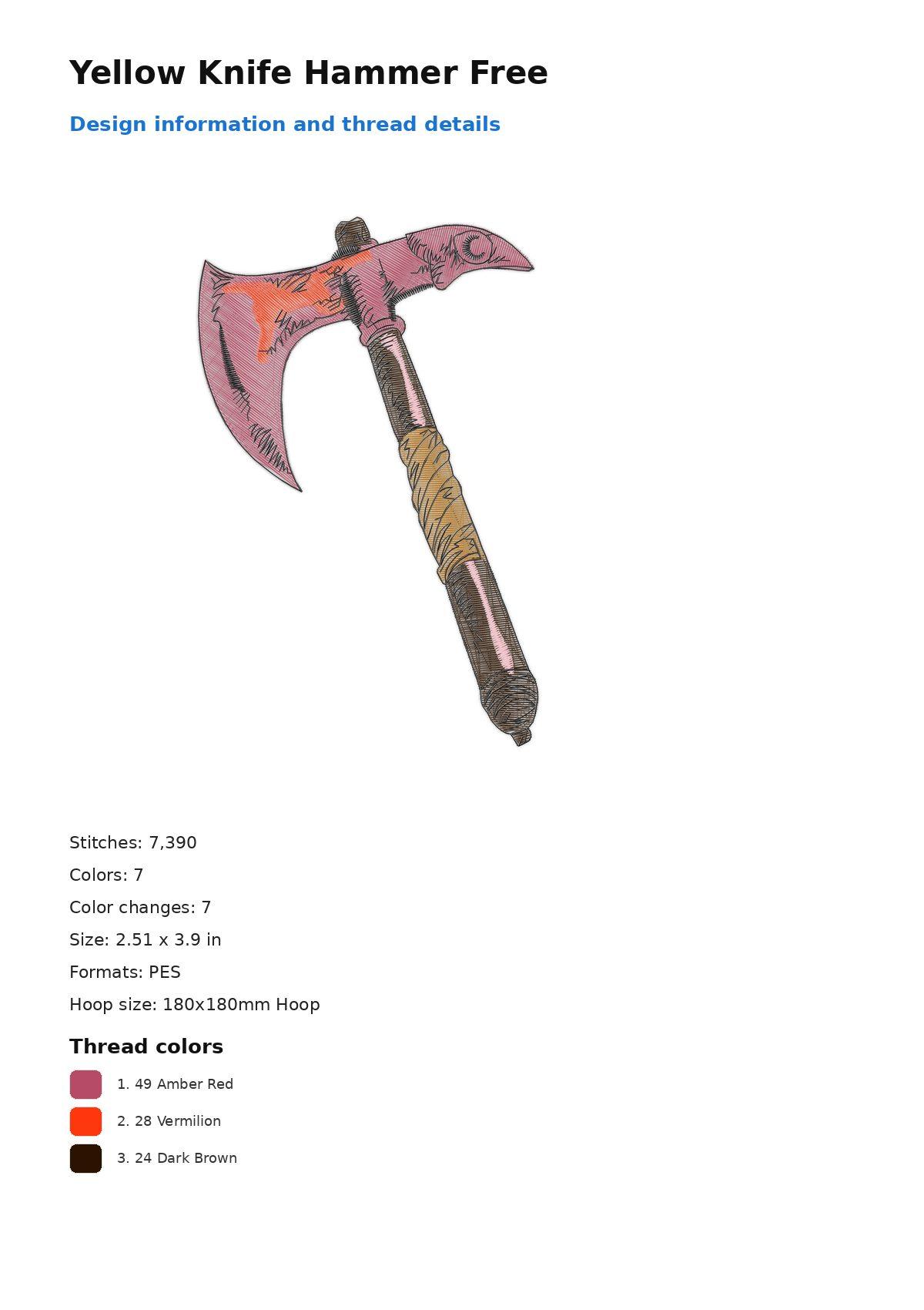 Yellow Knife Hammer Free free machine embroidery design — 2.51×3.9 in — 7,390 stitches — 7 colors — DST, EXP, JEF, PEC, PES
