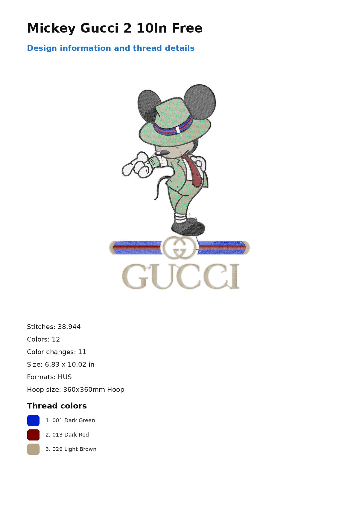 Mickey Gucci 2 10In Free free machine embroidery design — 6.83×10.02 in — 38,944 stitches — 12 colors — DST, EXP, HUS, JEF, PEC