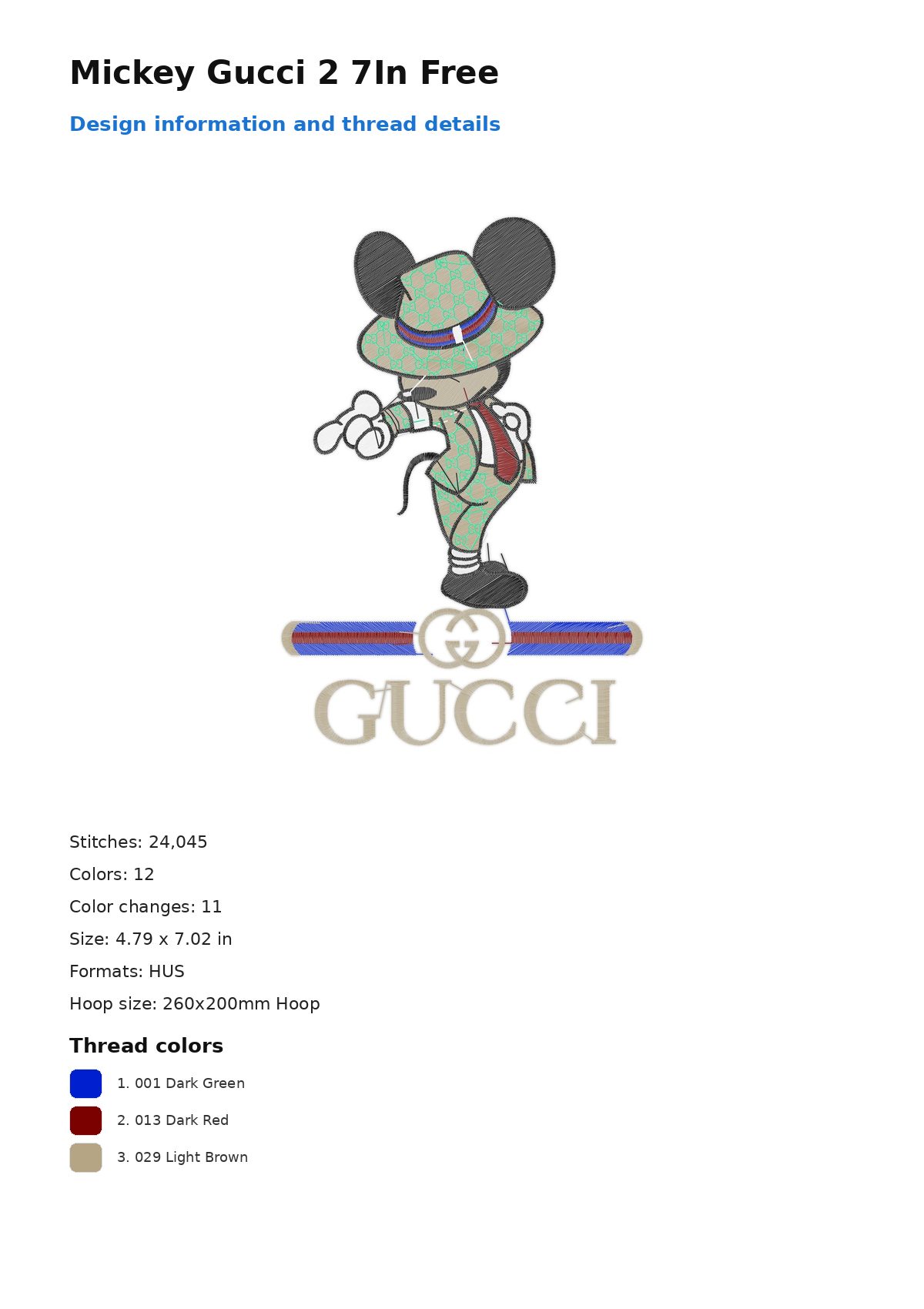 Mickey Gucci 2 7In Free free machine embroidery design — 4.79×7.02 in — 24,045 stitches — 12 colors — DST, EXP, HUS, JEF, PEC
