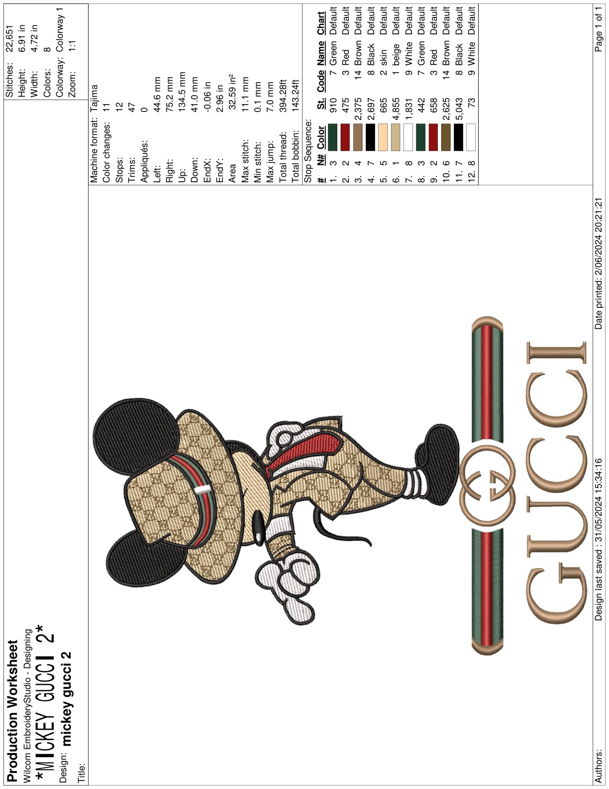 Mickey Gucci 2 7In Free free machine embroidery design — 4.79×7.02 in — 24,045 stitches — 12 colors — DST, EXP, HUS, JEF, PEC