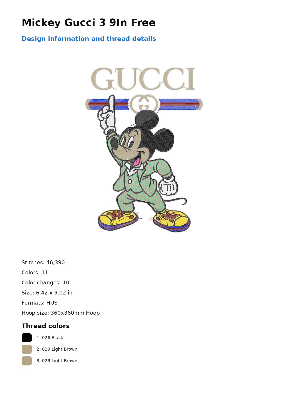Mickey Gucci 3 9In Free free machine embroidery design — 6.42×9.02 in — 46,390 stitches — 11 colors — DST, EXP, HUS, JEF, PEC