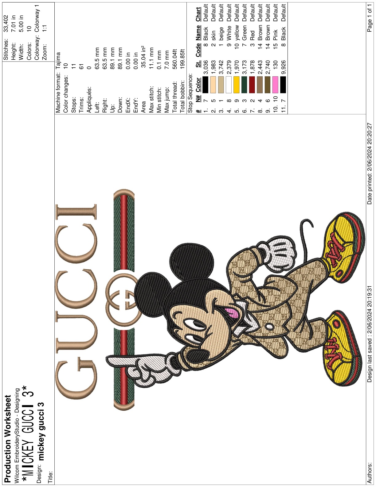 Mickey Gucci 3 9In Free free machine embroidery design — 6.42×9.02 in — 46,390 stitches — 11 colors — DST, EXP, HUS, JEF, PEC