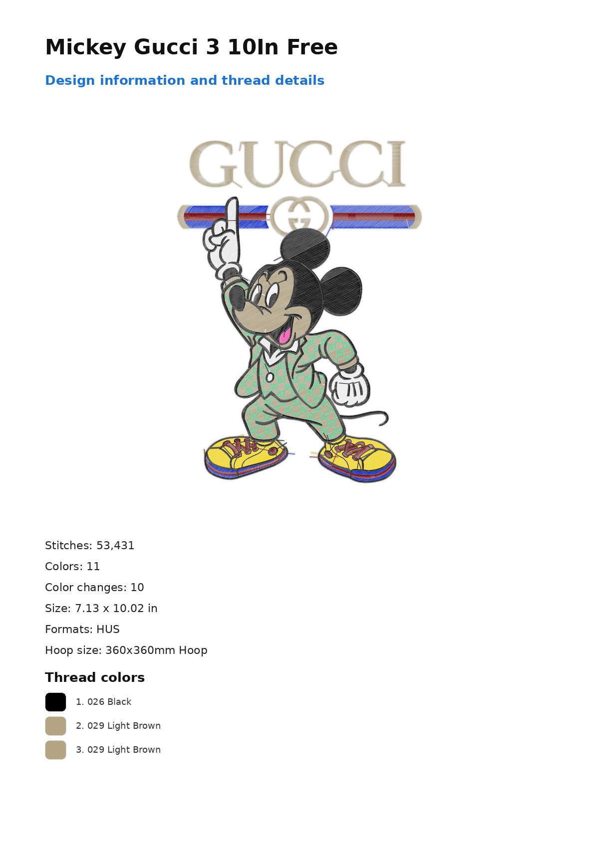 Mickey Gucci 3 10In Free free machine embroidery design — 7.13×10.02 in — 53,431 stitches — 11 colors — DST, EXP, HUS, JEF, PEC