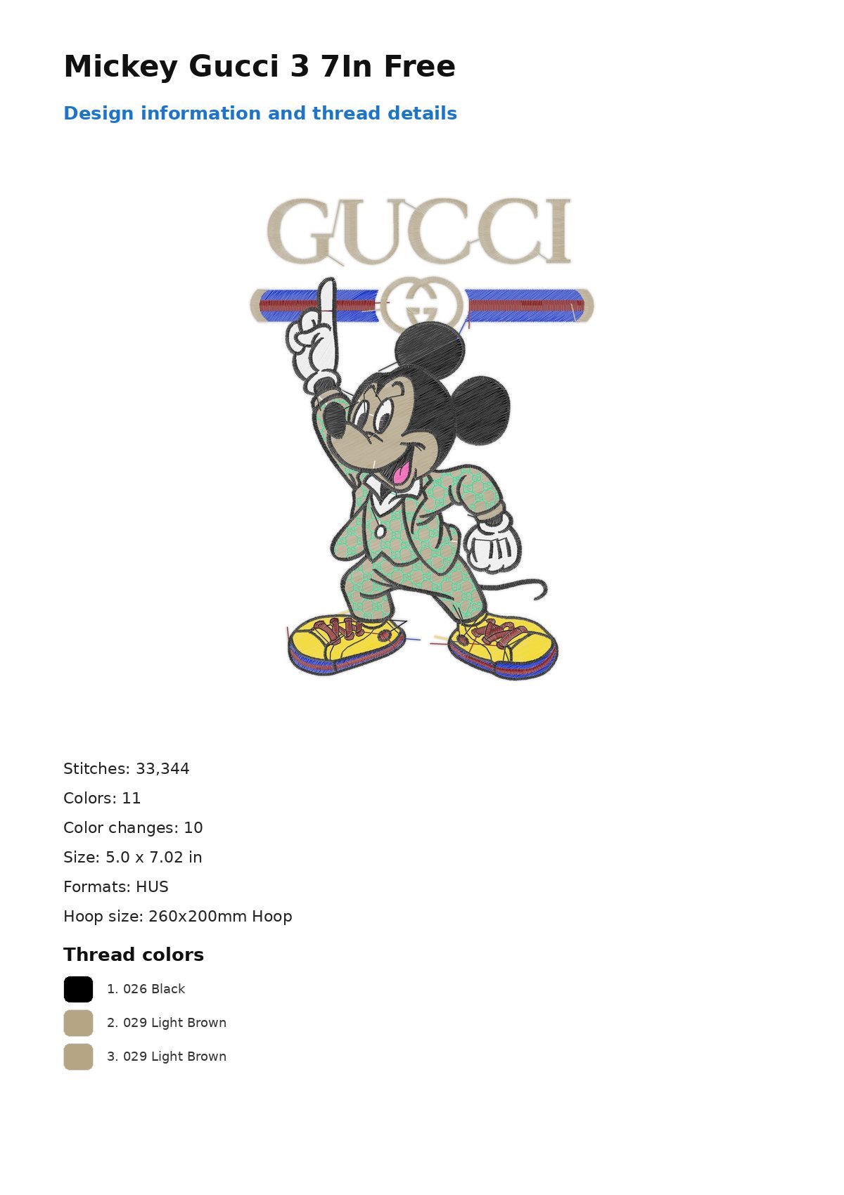 Mickey Gucci 3 7In Free free machine embroidery design — 5.0×7.02 in — 33,344 stitches — 11 colors — DST, EXP, HUS, JEF, PEC