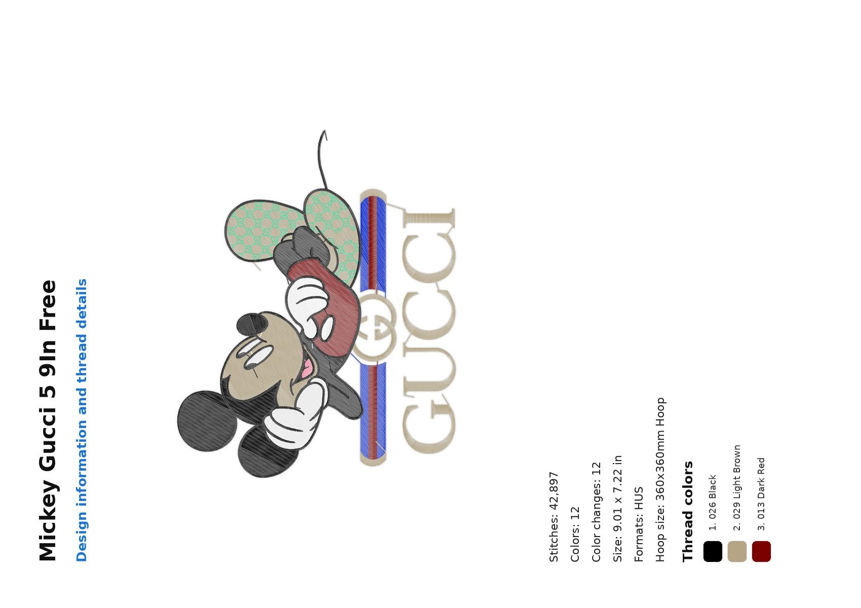 Mickey Gucci 5 9In Free free machine embroidery design — 9.01×7.22 in — 42,897 stitches — 12 colors — DST, EXP, HUS, JEF, PEC