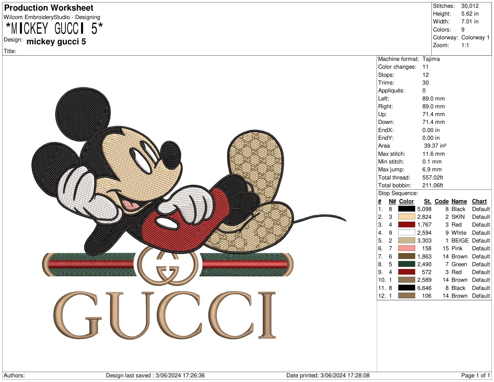 Mickey Gucci 5 7In Free free machine embroidery design — 7.01×5.62 in — 29,990 stitches — 12 colors — DST, EXP, HUS, JEF, PEC