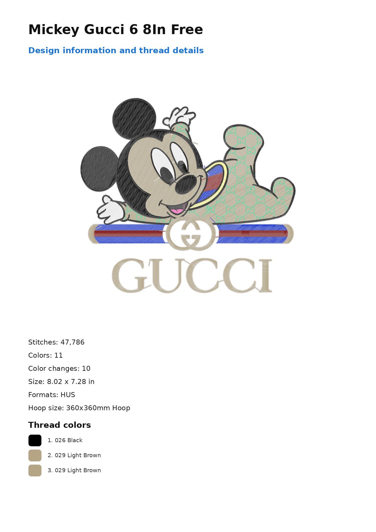 Mickey Gucci 6 8In Free free machine embroidery design — 8.02×7.28 in — 47,786 stitches — 11 colors — DST, EXP, HUS, JEF, PEC