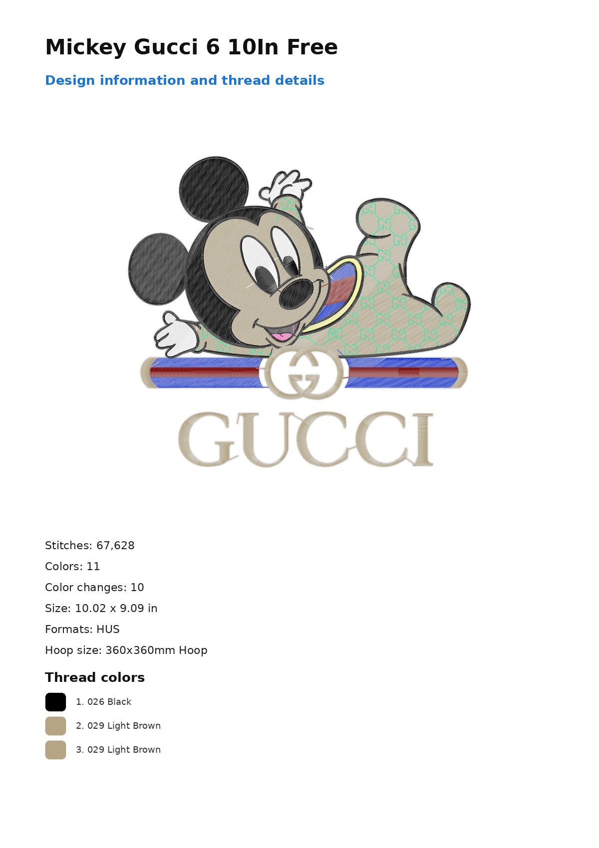 Mickey Gucci 6 10In Free free machine embroidery design — 10.02×9.09 in — 67,628 stitches — 11 colors — DST, EXP, HUS, JEF, PEC
