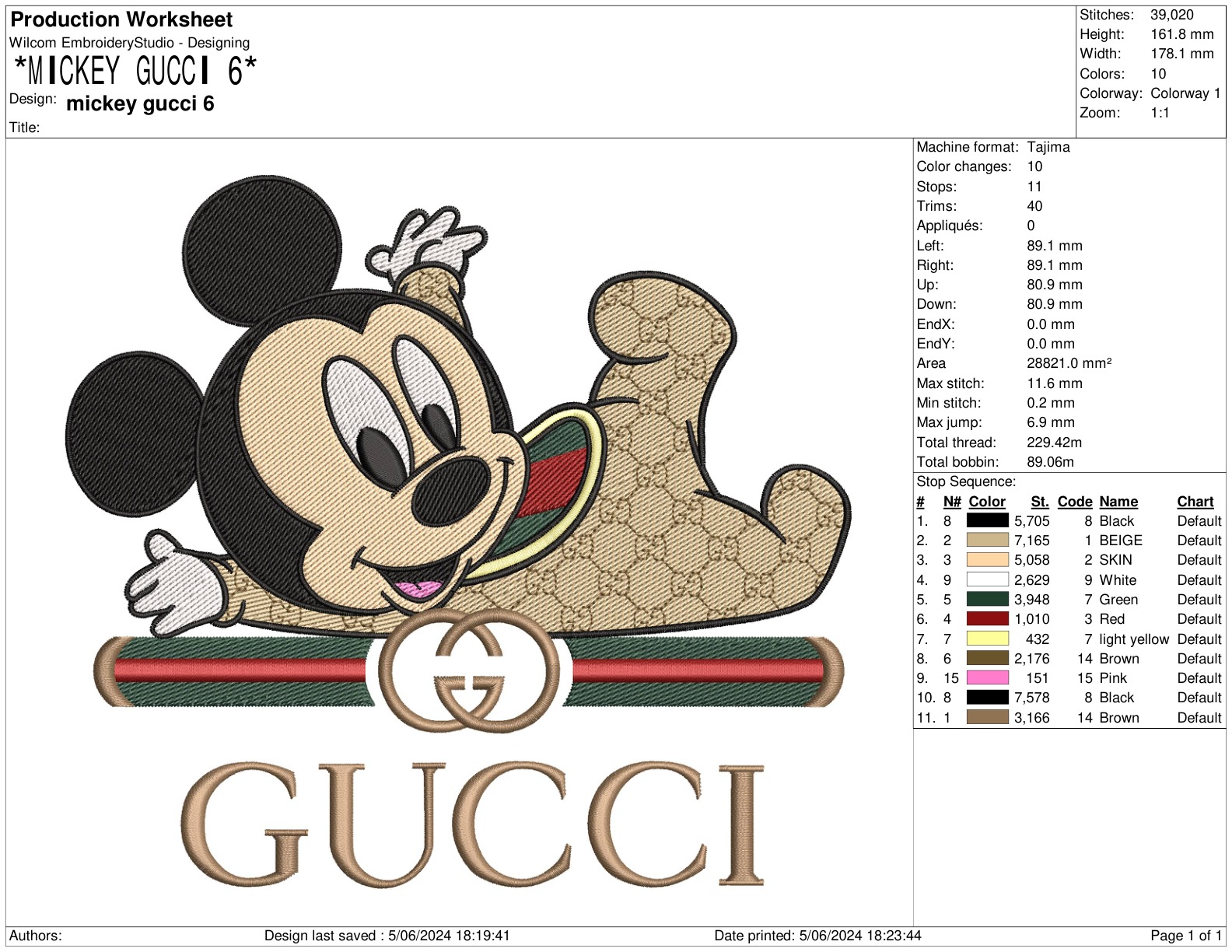 Mickey Gucci 6 10In Free free machine embroidery design — 10.02×9.09 in — 67,628 stitches — 11 colors — DST, EXP, HUS, JEF, PEC