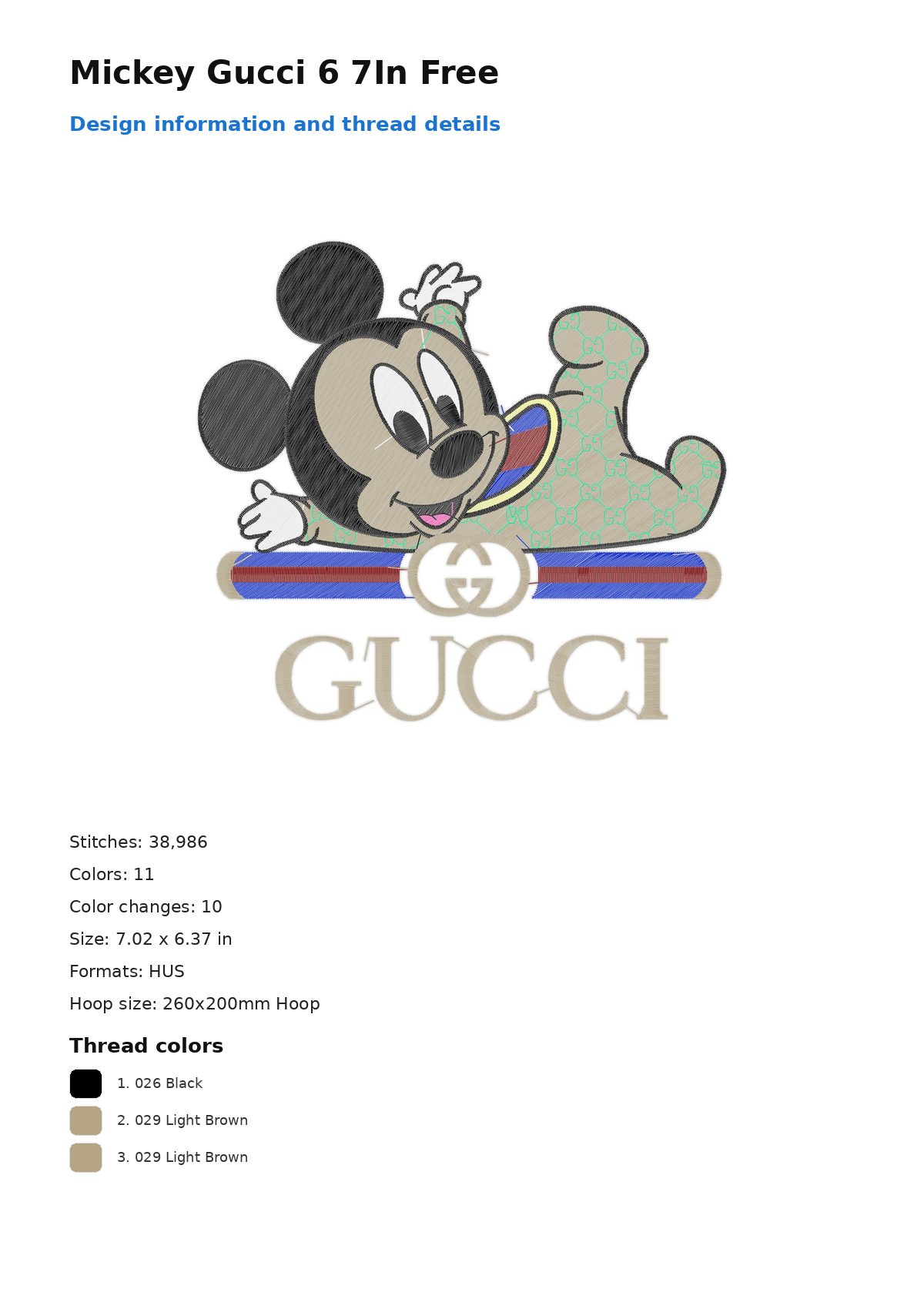 Mickey Gucci 6 7In Free free machine embroidery design — 7.02×6.37 in — 38,986 stitches — 11 colors — DST, EXP, HUS, JEF, PEC