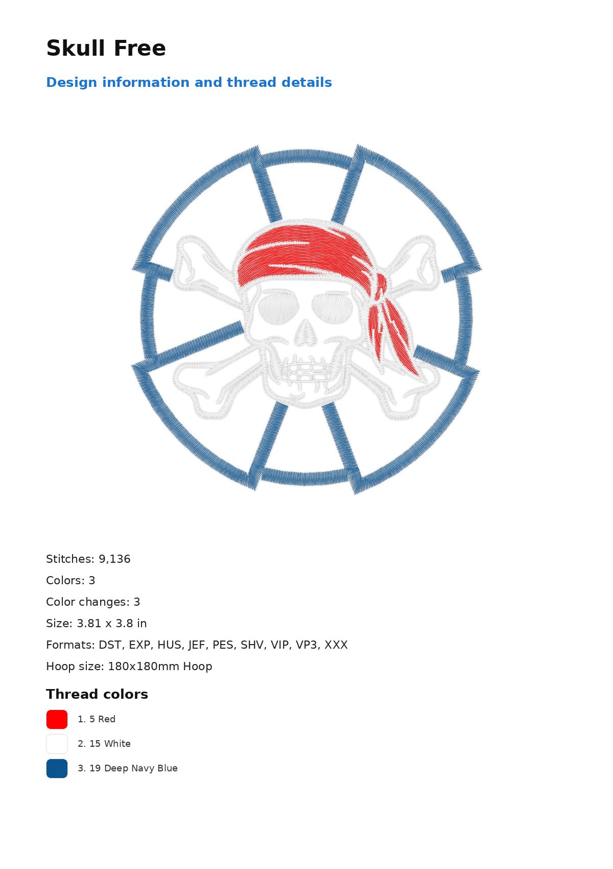 Skull Free free machine embroidery design — 3.81×3.8 in — 9,136 stitches — 3 colors — DST, EXP, HUS, JEF, PEC