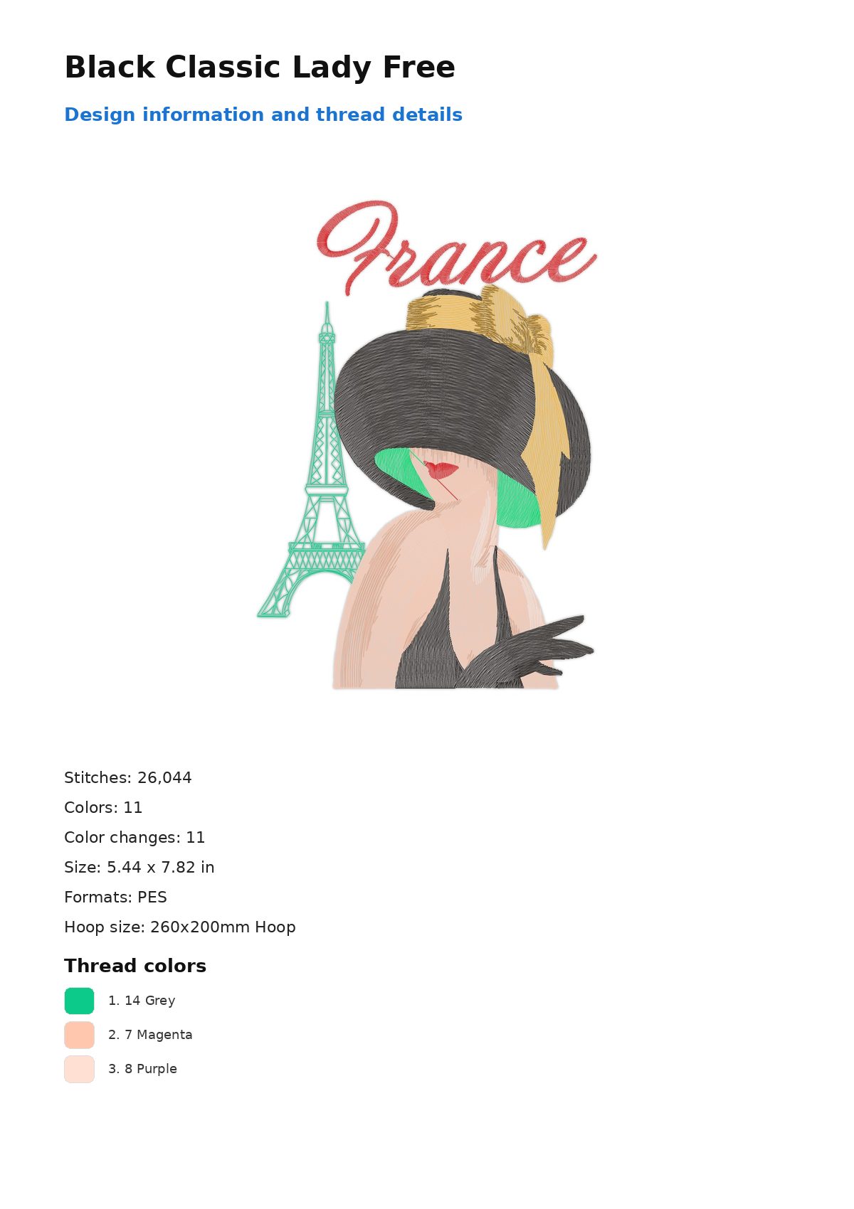 Black Classic Lady Free free machine embroidery design — 5.44×7.82 in — 26,044 stitches — 11 colors — DST, EXP, JEF, PEC, PES