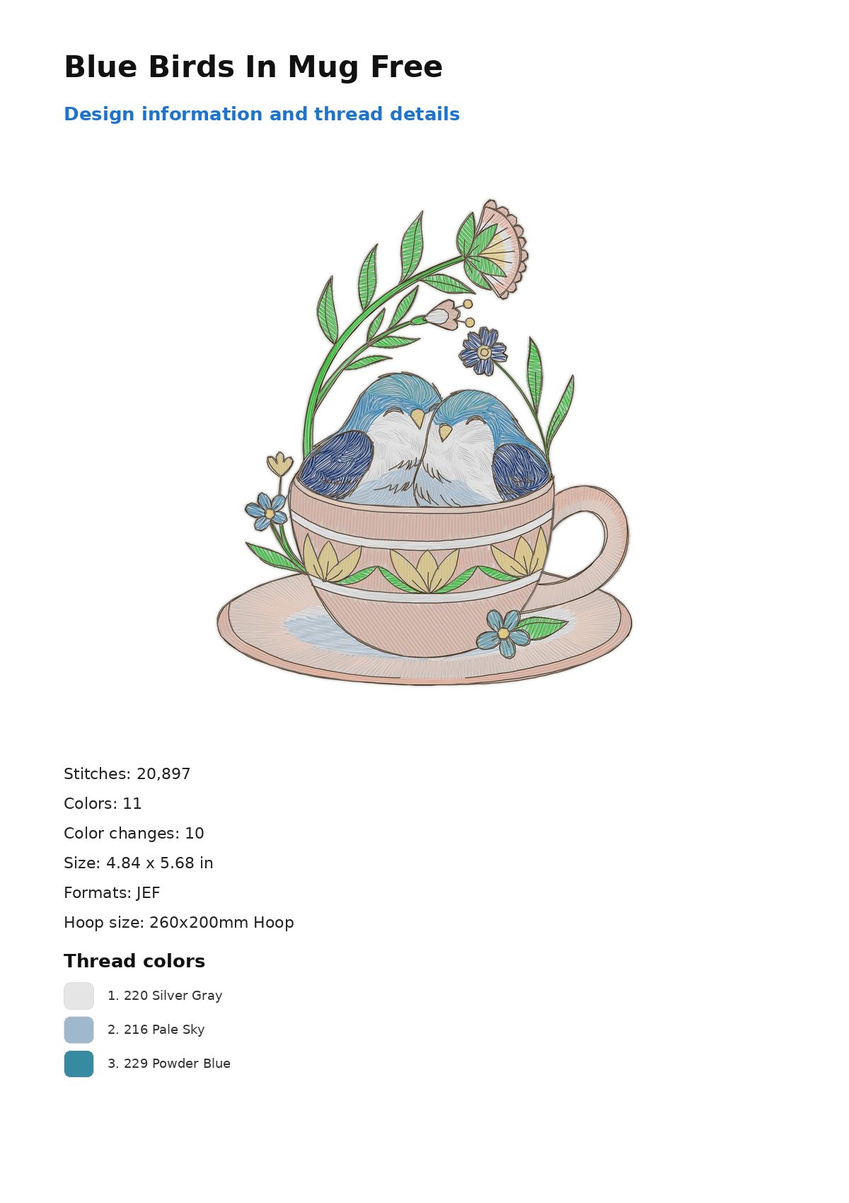 Blue Birds In Mug Free free machine embroidery design — 4.84×5.68 in — 20,897 stitches — 11 colors — DST, EXP, JEF, PEC, PES